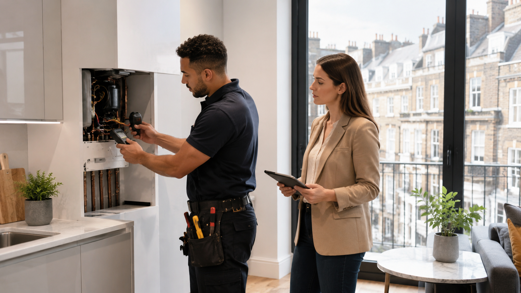 Technician repairs heating unit in apartment boiler services central london